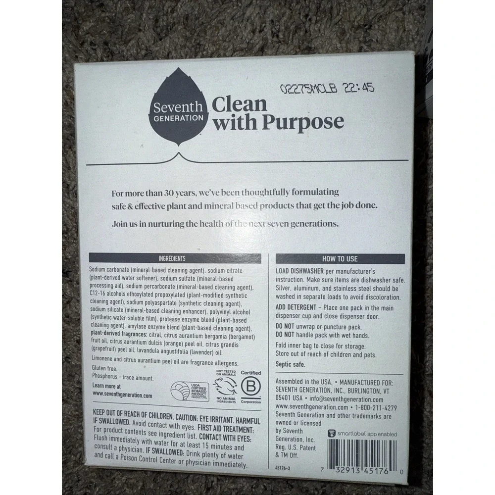 Seventh Generation Dishwasher Detergent Packs Powder‎ Plus 15pc (Pack of 5)